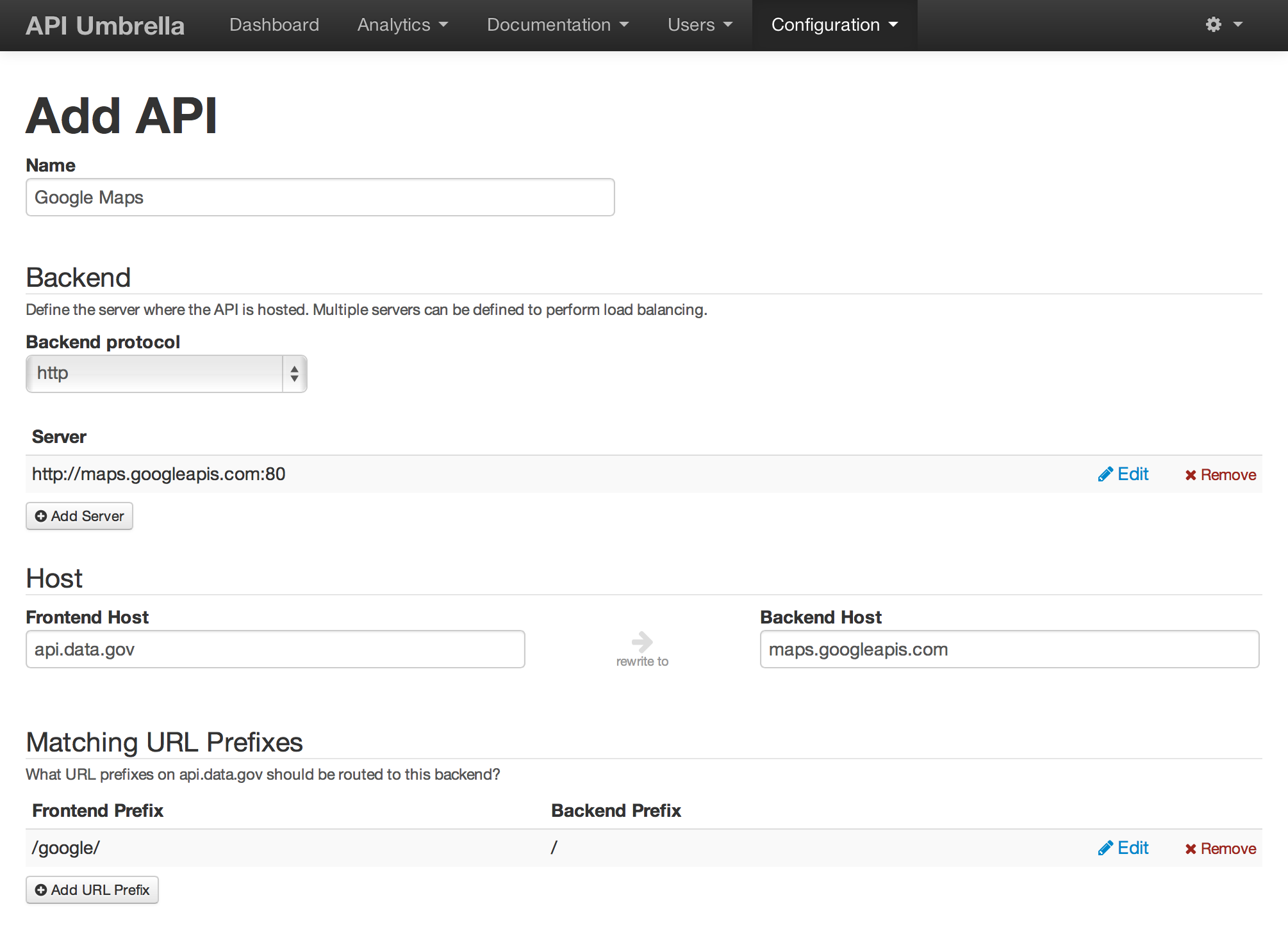 API backend example configuration